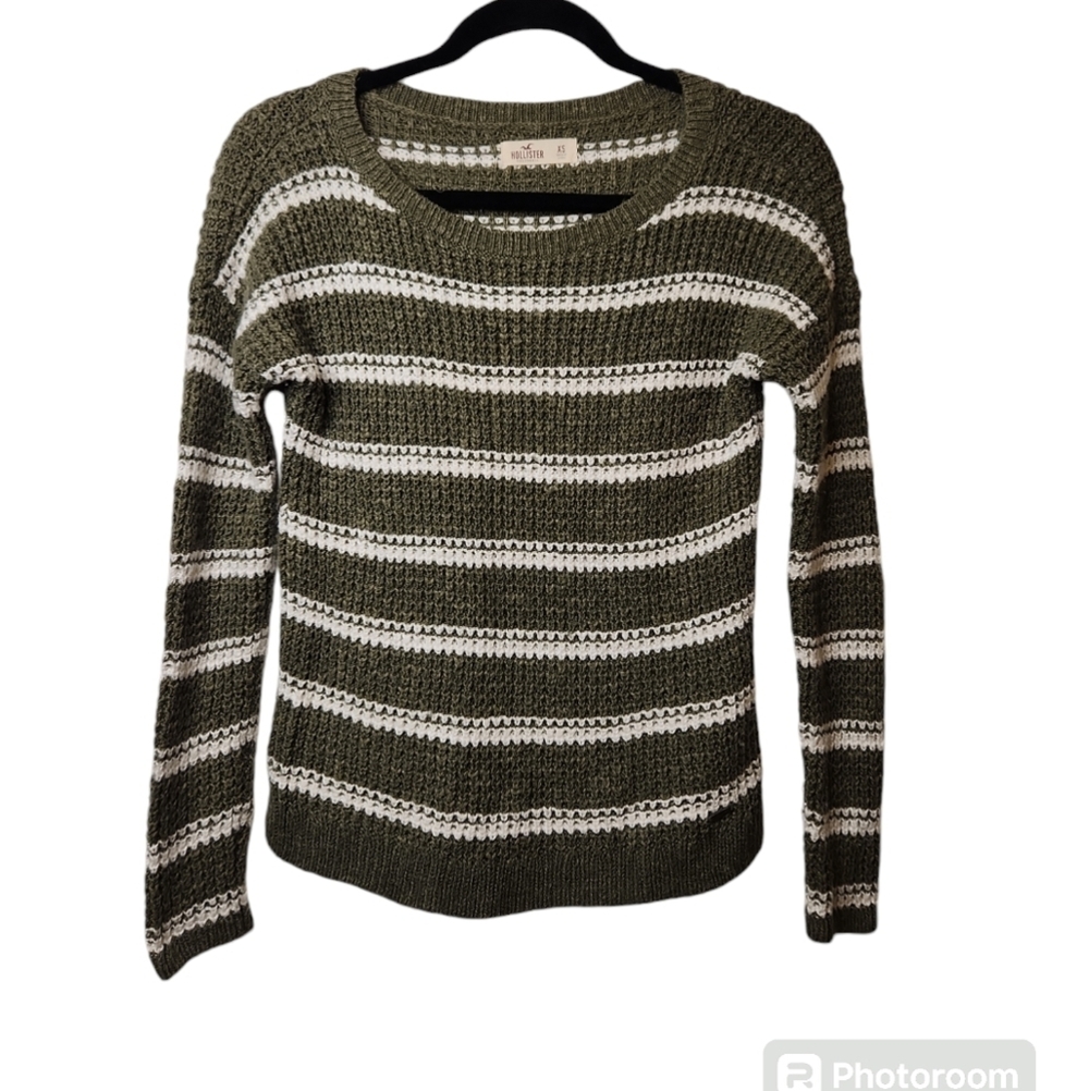Hollister Women's Green White Striped Long Sleeve Cable Knit Sweater Size XS